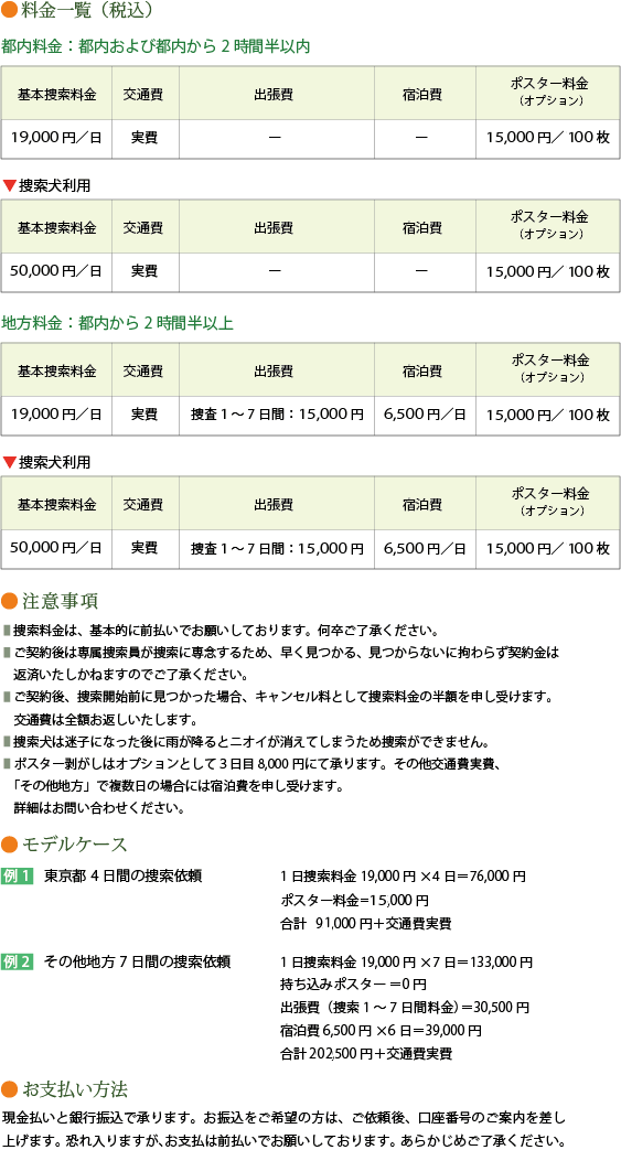 捜索料金表